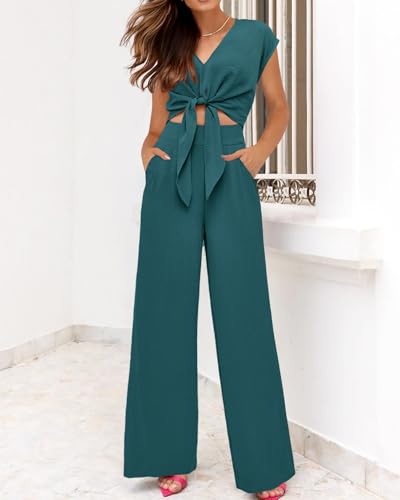 Image of PRETTYGARDEN Women's Summer 2 Piece Outfits 2026 Cap Sleeve V Neck Belted Crop Tops Wide Leg Pant Sets Casual Tracksuit