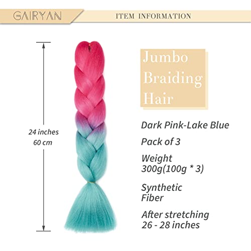 Gairyan Braiding Hair Extensions Ombre Jumbo Braids Synthetic Hair 3 Packs 24 inches 300g Coloured Hair for Braiding Extensions Box Braids Crochet Twist (Rose Red-Lake Blue) - Image 2