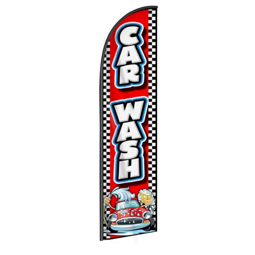 Car Wash Flag Banner - 11.5x2.5 Ft Advertising Swooper Flag for Outdoor Business and Events Promotion - Car Wash Signs Windless Full Sleeve Banner (Only Flag)