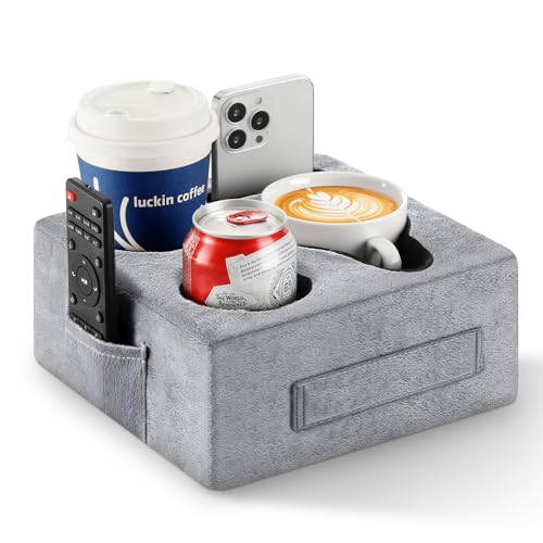 Luxspire Couch Cup Holder Tray Couch Cup Holder Pillow with 4 Holes Side Pocket and Handle Couch Caddy Pillow for Phone/Drinks/Remote Control/Snacks Gray