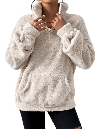 Wyeysyt Womens Sherpa Pullover Quarter Zip Pullover Sweatshirts Casual Long Sleeve Fleece Sherpa Outwear with Pockets