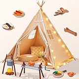 Teepee Tent for Kids with BBQ Pretend Play Toys, Spacious 60” Kids Play Tent Indoor & Outdoor, Foldable Playhouse with Mat & Star Lights, Washable Camping Toys Gift for Boys & Girls Ages 3–8