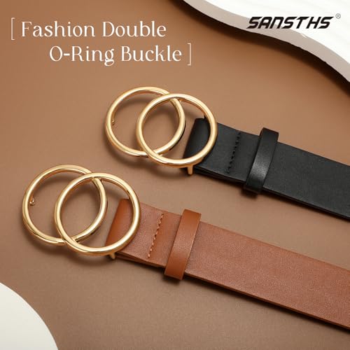 SANSTHS 2 Pack Women Leather Belts Faux Leather Jeans Belt with Double O Ring Buckle3