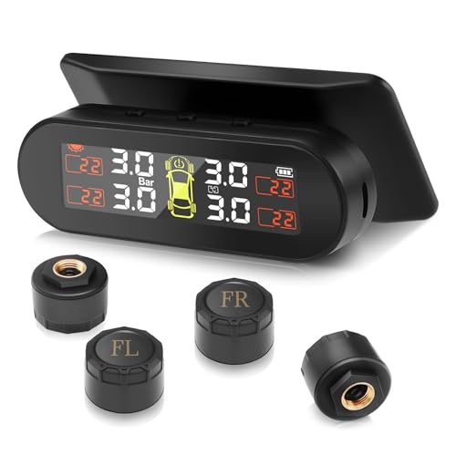 Avutrel TPMS Reifendruckkontrollsystem, Solar/USB-Aufladung, 5 Alarmsystem, mit 4 Externen Sensoren, für Limousine, SUV, MPV, Anhänger etc