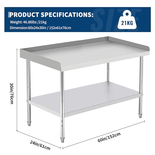 Image of GarveeTech 60x24x30 in Stainless Steel Equipment Grill Stand Table 400 LBS Capacity NSF Certified with Adjustable Legs, 2 in Edge Baffle, for Hotel, Home, Commercial Restaurant Kitchen