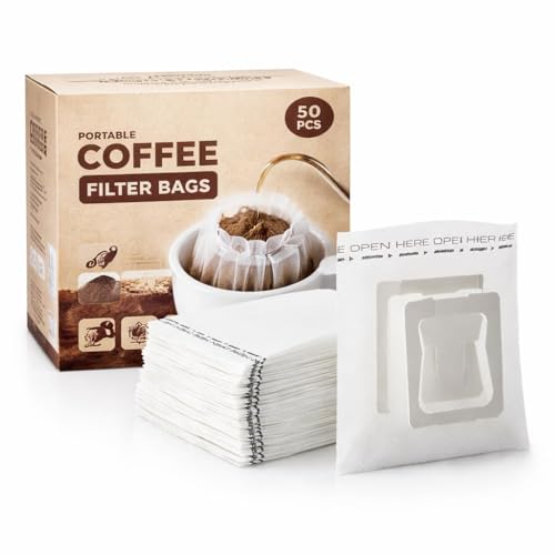 Image of 50 Pcs Portable Coffee Filter Paper Bags - Disposable Pour Over Coffee Filters, Single-Use Drip Coffee Bags for Travel, Office & Home Brewing, Unbleached Food-Grade Paper, Universal Fit