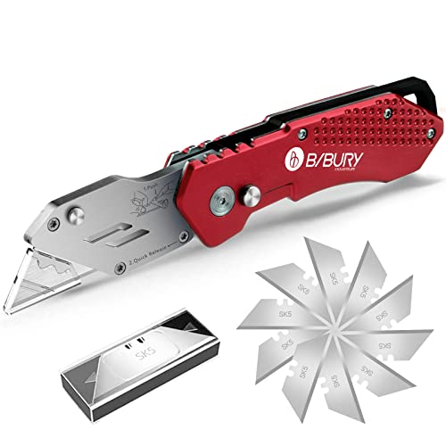 BIBURY Cuchillos Utilitarios, Cuchillo Plegable Portátil, Versión Actualizada Cúter Professional, con 10 Cuchillas de Acero Inoxidable SK5, Clip para Cinturón, Bloqueo de Seguridad Cortador (Rojo)
