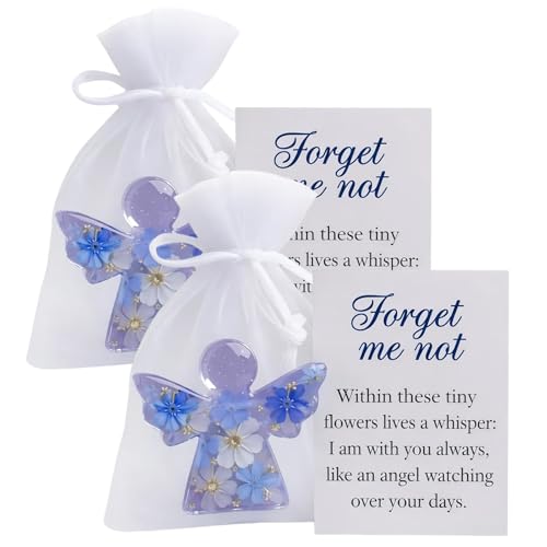 QyueQyat 2 Set Forget Me Not Gifts Angel Keepsake with Inspirational Message Card Pocket Hug Token for Bereavement Comfort and Daily Remembrance Piece with Ornament and Memorial Card