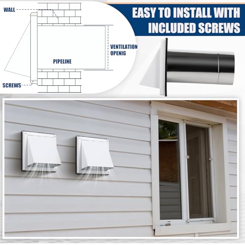 Image of Gisafai 4 inch Dryer Vent Cover Outside with Stainless Steel Guard Wall Dryer Exhaust Cap and Removable Extended Pipe Vent Shroud Hood Cushioned Non Return Flap with Sealing Gasket Grille(White)