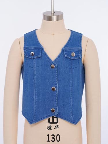 FEESHOW Girls Kids V-neck Denim Vest Sleeveless Button-down Jacket Waistcoat Outerwear Casual Daily Wear For 6-16 Years4