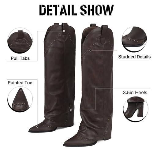 Image of EQAUDES Knee High Boots for Women Tall Cowboy Cowgirl Fold Over Shark Boots | Snip Toe, 3.5'' Block Heel, Hidden Zipper, Studded Desgin, Festival Boots, Slouch Boots for Party, Travel and Formal Outfits
