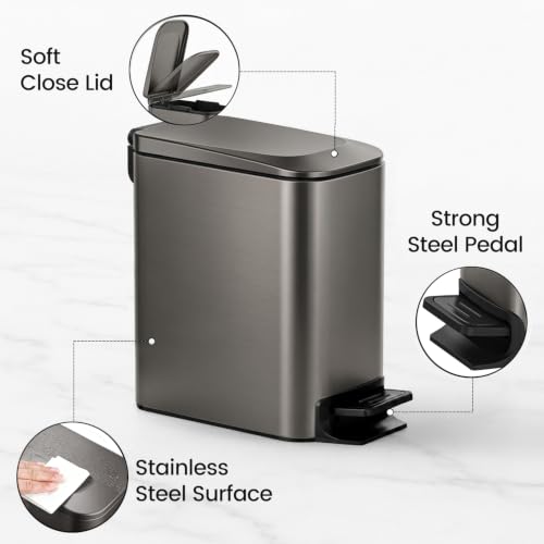 Image of TIPGO Small Bathroom Trash Can with Lid, 1.6 Gal, Soft Close, Black Gold | Foot Pedal, Soft Quiet Lid, 5.9'' Slim for Narrow Space, Stainless Steel, Anti-fingerprint, Removable Inner Bucket, Odor Seal