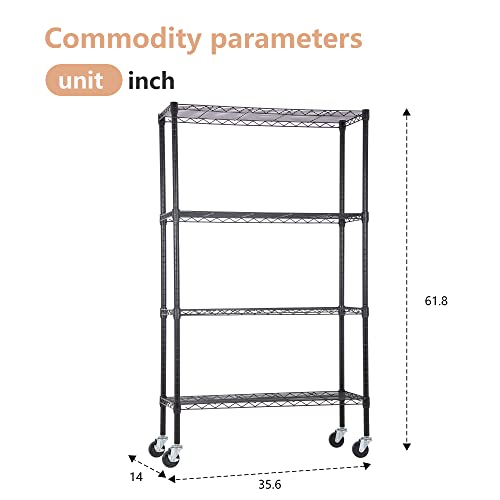 Image of BestOffice | 4-Tier Wire Storage Shelves with Wheels | 36x14x62 | Black | Adjustable Racks | Heavy-Duty Metal Shelf, Holds Upto 500 lbs | No-Tool Assembly | Ideal for Home & Garage Shelving