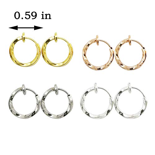 LAXPICOL Twisted Clip On Earrings 4PCS Different Color Gold Silver Black Rose 0.51IN/0.59IN/0.70IN/0.78IN Stainless Hoop Earrings Clip On Earrings for Women No Piercing2