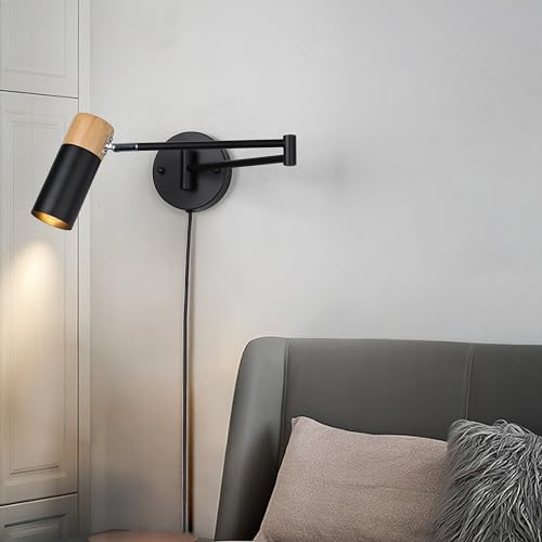 Image of SUNLLOK Modern Black Swing Arm Plug in Wall Sconce - Industrial Adjustable Wood Ceiling Hanging Wall Light Fixture - Indoor Rustic Reading Wall Mounted Lamp Decoration for Living Room Kids Bedroom