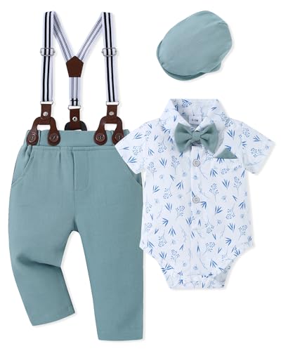 Image of WESIDOM Baby Boy Clothes Suit 0-24M Infant Gentleman Wedding Outfit, Shirt+Bowtie+Beret+Suspender Pants Clothing Set