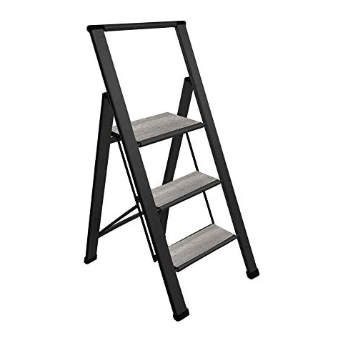 Step Ladder 3 Step Folding, Decorative - Beautiful Gray Wood & Black Aluminum, Ultra Slim Profile, Anti Slip Steps, Sturdy-Portable for Home, Office, Kitchen, Photography Use,by SORFEY Cover