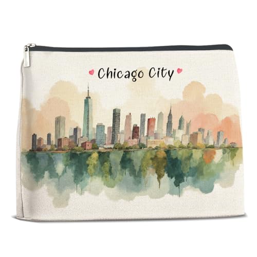 Xxoace Chicago City Bolsa de maquiagem feminina aquarela Chicago Souvenir Presentes Viagem Cosméticos Bolsa impermeável de camada dupla