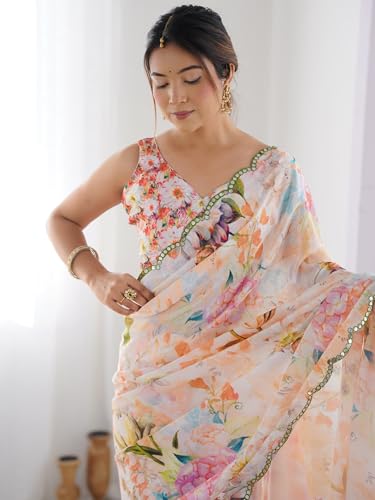 Image of Panzora Women's Chinon Printed Saree With Unstitched Blouse Piece