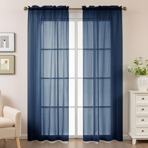 Image of Navy Blue Sheer Curtains 84 Inches Long, Privacy Semi Sheer Curtains for Living Room Bedroom, Light Filtering Rod Pocket Voile Window Drapes 2 Panels Set, Each 42 inch W x 84 inch L