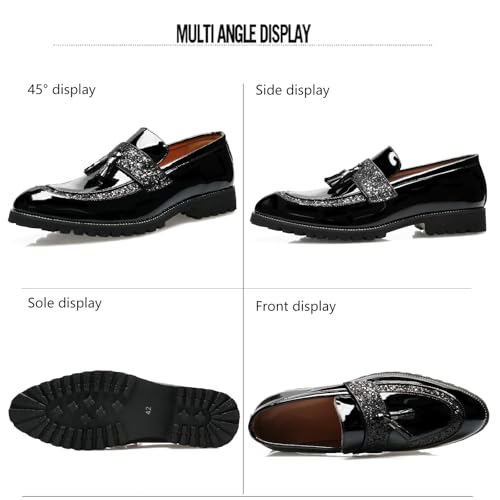 Men's Patent Leather Tassel Slip-On Loafers Fashion Sequins Pointed Toe Non-Slip Lug Sole Chunky Heel Penny Loafers for Business Formal Party Work Dress Shoes 5