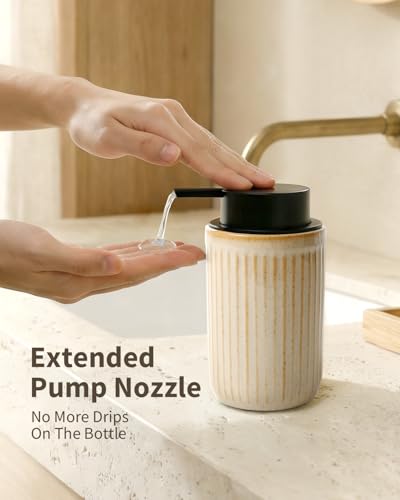 Image of BosilunLife Dish Hand Soap Dispenser - Liquid Pump Soap Dispenser for Bathroom Deco 12oz Ceramic Kitchen Dish Dispenser with Rust-Proof Liquid Pump Modern Refillable Lotion Bottles, Greige