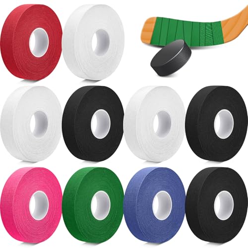 Meooeck 10 Rolls Multipurpose Hockey Tape Adhesive Shin Pad Sock Stick Tape for Ice Skate Sports Hockey Gifts Gear Equipment(22 Yard,Colorful)