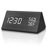 Hokand Wooden Alarm Clock for Bedroom - Digital Clock Backup Battery with LED Backlight,Plug in Power,3 Alarms,Temperature,Humidity,Sound Control,Stylish Bedside Desk Clock for Living Room Decor.