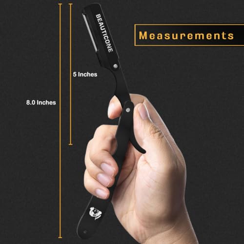 Image of BEAUTICONE Straight Razors for Men - Professional Barber Straight Edge Razor Kit with Replaceable Single Edge Blades - Navajas Para Barbero - Pouch Gift Box (All Black Swinglock New)