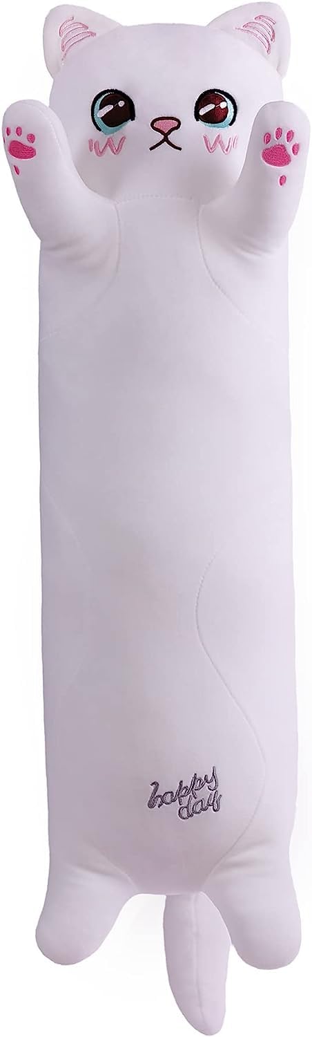 SNOWOLF - Morbido cuscino a forma di gatto dei cartoni animati, cuscino lungo, grazioso peluche, da regalare, soffice, grazioso e imbottito (colore: bianco, 50 cm)