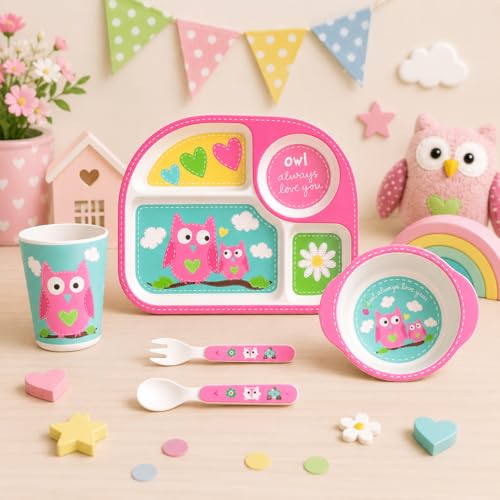 Image of Bamboo Kids Feeding Set of 5 |Kids Crockery Set Tableware |Baby Utensils and Dishes Set | Eco-Friendly |Organic & Natural (Observant Owl..)