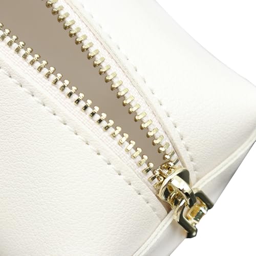 POFET PU Pencil Pen Case,Portable Stationery Bag,Slim Design Pen Bag with Metallic Zipper Pocket,Big Capacity Pencil Pouch Cosmetic Organizer Bag for College Student Beige - Image 4