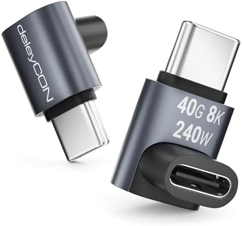deleyCON USB-C Winkeladapter 90 Grad, 40Gbps, 240W, USB 4.0, Typ C, 2 Stück | 8K60Hz, Aluminium Gehäuse, Typ C Stecker auf Buchse, für Smartphone, Tablet, Laptop, Notebook, MacBook