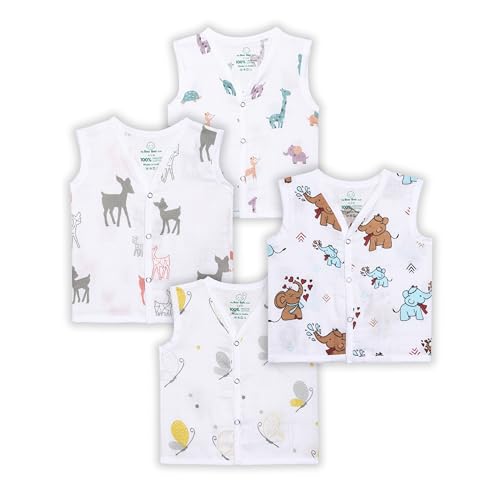 The Boo Boo Club Extra Soft Organic Cotton Muslin Jhabla For Baby (Set of 4). GOTS Certified (Animals, New Born)| Kids Summer Wear Set,White