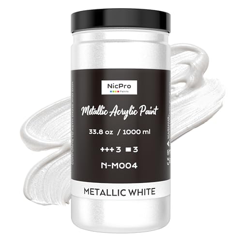 Nicpro Metallic Pearl White Acrylic Paint 33.8oz/1000ml Non Toxic Pearlescent Craft Paint Non Fading for Metal Wood Clay Fabric Canvas Ceramic Furniture Handcraft Art Supplies