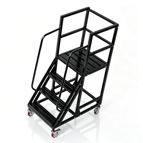 Image of 4 Step Rolling Warehouse Step Ladder, Industrial Mobile Staircase on Wheels, 1100Lbs Weight Capacity, Heavy Duty Mobile Platform Ladder with Handrails, Suitable for Warehouse, Library (Black, 4 steps)