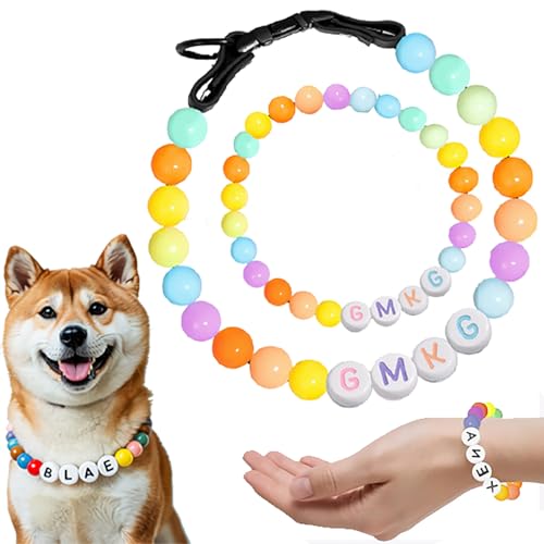 Personalized Beaded Dog Collar with Custom Name – Handmade Rainbow Adjustable Pet Necklace & Matching Owner Bracelet for Dog & Cat Lovers