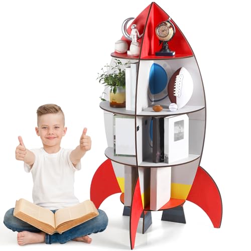 Image of Lineshading Space Rocket Bookshelf Kids 4 Tier Wooden Toy Storage Organizer Display Cabinet Bookshelf Baby Toddler Book Shelves Book Rack for Girl Boy Playroom Classroom Nursery Living Room