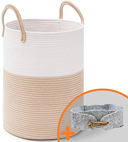 Image of Large Laundry Basket Woven Cotton Rope Laundry Hamper 15" x 19.6" Woven Baby Laundry Basket for Blankets Toys Storage Basket Natural cotton thread clothing sorting basket