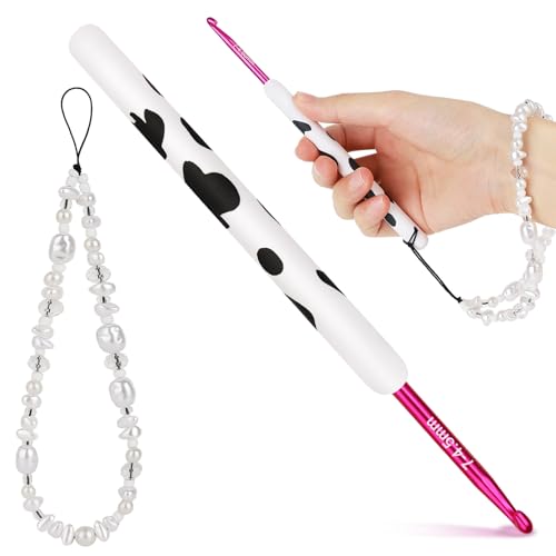 Image of Katech Ergonomic Crochet Hook, Aluminum Soft Grip Crochet Hooks for Beginners and Arthritic Hands, Soft Clay Crochet Needle with Cow Motif and Bead Chain-Ideal Gift for Crocheter (4.5mm)