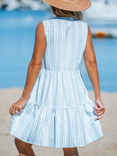 Image of CUPSHE Women's Ruffle Beach Mini Dress Split V Neck A Line Sleeveless Geometric Stripe Tropical Leaf Pattern Summer Dresses