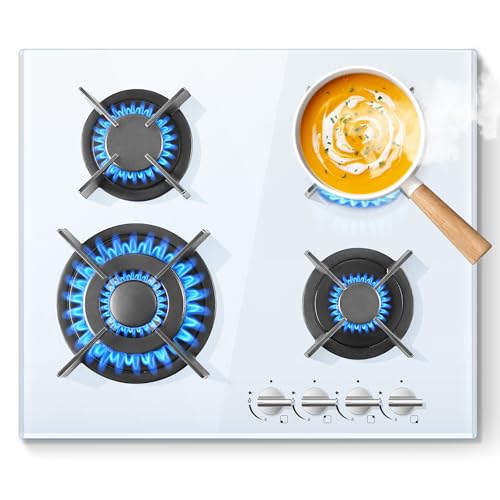 SNDOAS Plaque de Cuisson Gaz 4 Feux Verre Blanc, Plaque Gaz 4 Feuxs Encastrable, Table de cuisson 8060W,NG/LPG, Verre trempé & Sécurité Thermocouple