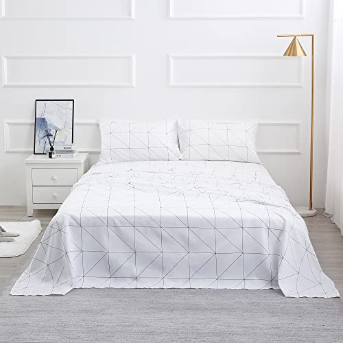 Image of Best Season Bed Sheet Set 4 Pieces -Full Size-Soft Durable Microfiber Bedding Sheet Set,Deep Pocket,Stain,Fade & Wrinkle Resistant(Geometric White)