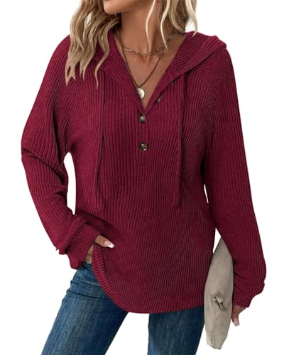 Generisch Jersey con capucha para mujer, cuello en V, tira de botones, jersey de punto ligero, manga larga, sudadera de verano, suéter de punto ligero para mujer, Burdeos Melange, S