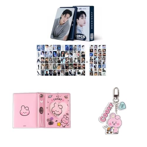 Kpop Set di 60 cartoline fotografiche personali Jungkook, 32 adesivi, raccoglitore per album Cooky, portachiavi, portachiavi (JK)