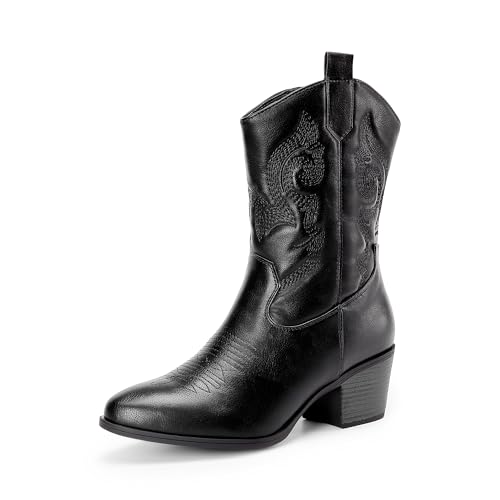DREAM PAIRS Cowboy Boots for Women, Mid Calf Cowgirl Boots with Embroidery Round Toe Western Chunky Low Heel Shoes 6 All Black