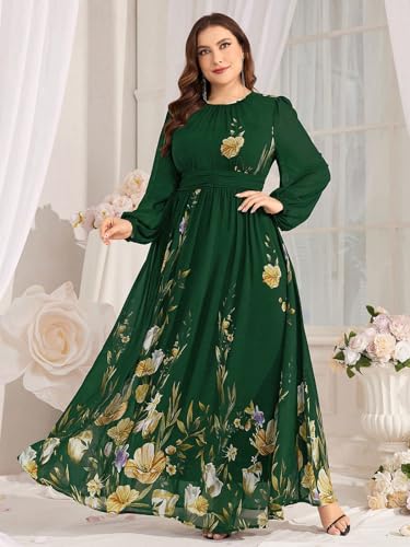 Image of Spring Summer 2024 Plus Size Womens Dresses V Neck Casual Elegant Long Sleeve Floral Print Maxi Dress
