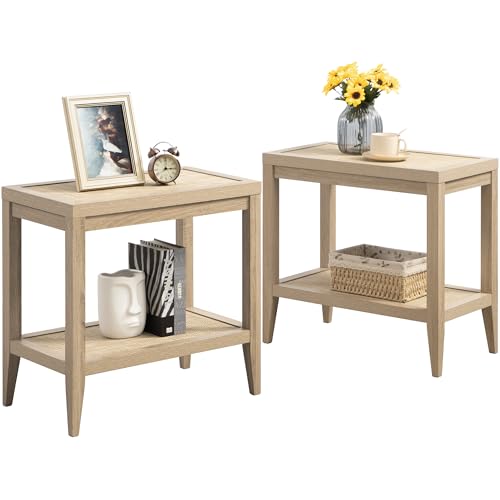 Image of SICOTAS Rattan Nightstands Set of 2 - Boho Shelf Bedside Tables Narrow End Table Living Room Set of 2 Side Table with Rattan Storage Shelves for Small Space - Light Oak
