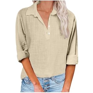Womens Cotton Linen Tops, Long Sleeve V Neck Button Up Blouses Loose Fit Tunic Tops Linen Shirts Fall Clothes 2024
