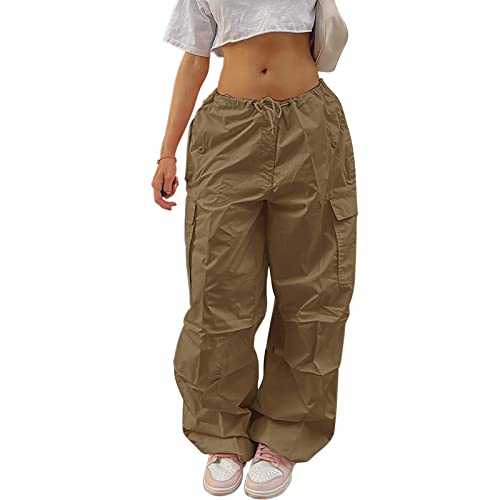 Lenugeo Hip Hop Cargohose Damen, Elastische High Low Waist Y2k Hose, Casual Lange Weite Baggy Track Pants, Vintage Aesthetic 90er E-Girl Streetwear Frauen Cover